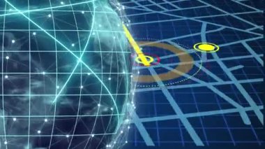 Navigasyon hatlarına karşı dönen dünyayı çevreleyen bağlantıların ve ışık yollarının animasyonu. Küresel ağ ve navigasyon teknolojisi kavramı