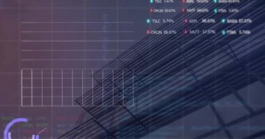 Yüksek binanın düşük açılı görüntüsüne karşı istatistiksel ve borsa veri işleme animasyonu. Küresel ekonomi ve iş veri teknolojisi kavramı
