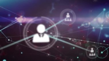 Karanlık arkaplandaki simgelerle bağlantı ağının animasyonu. Küresel bağlantılar, dijital arayüz, iletişim, bilgisayar ve veri işleme kavramı dijital olarak oluşturuldu.