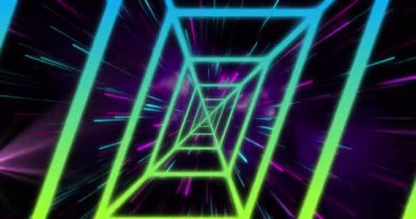 Siyah zemin üzerindeki ışık yollarının üzerindeki neon desenlerin animasyonu. Renk, ışık ve hareket kavramı dijital olarak oluşturulmuş video.