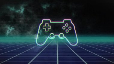 Meta-evren arka planında oyun kontrol rampasının animasyonu. Küresel video oyunu, dijital arayüz, iletişim, bilgisayar ve veri işleme kavramı dijital olarak oluşturuldu.