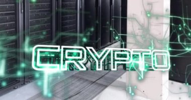 Bilgisayar sunucu odasında şifreli metin pankartı ve ışık izlerinin animasyonu. Kripto para birimi ve iş veri depolama teknolojisi kavramı