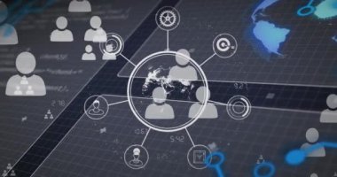 Mavi arkaplandaki simgelerle bağlantı ağının canlandırılması. Dijital olarak oluşturulmuş küresel bağlantılar, hesaplama ve veri işleme kavramı.