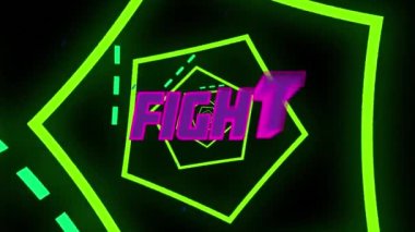Mor dövüş metninin animasyonu neon yeşil altıgen şekiller üzerinde kusursuz desenli. Video oyunu arayüzü teknolojisi kavramı