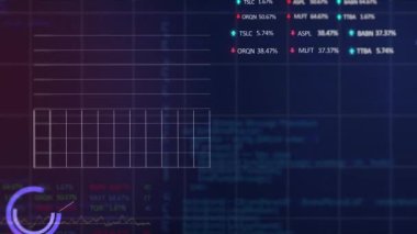 Mor gradyan arkaplana karşı istatistiksel ve borsa veri işleme animasyonu. Küresel ekonomi ve iş veri teknolojisi kavramı