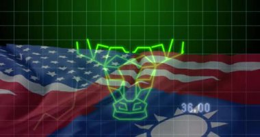 Tayvan ve Amerika Birleşik Devletleri bayrakları üzerinde finansal veri işleme animasyonu. Küresel iş, finans ve veri işleme kavramı dijital olarak oluşturulmuş video.