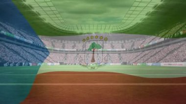 Spor stadyumu manzarasına karşı Ekvator Gine bayrağı sallama animasyonu. Vatanseverlik ve spor yarışması konsepti