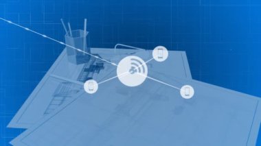 Mimarlar masasının üzerinde planları olan simgelerle bağlantı ağının animasyonu. Küresel mülkiyet pazarı, bağlantılar, hesaplama ve veri işleme kavramı dijital olarak oluşturulmuş video.