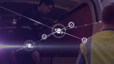 Karanlık arkaplandaki simgelerle bağlantı ağının animasyonu. Küresel bağlantılar, dijital arayüz, iletişim, bilgisayar ve veri işleme kavramı dijital olarak oluşturuldu.