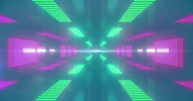 Mavi arka planda kusursuz döngü üzerinde hareket eden neon desenli animasyon. Desen, renk ve hareket konsepti dijital olarak oluşturulmuş video.