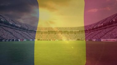 Spor stadyumu manzarasına karşı Belçika bayrağı sallama animasyonu. Vatanseverlik ve spor yarışması konsepti