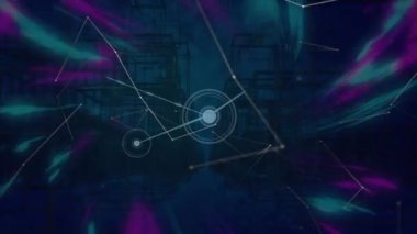 Şehir manzarası üzerindeki simgelerle bağlantı ağının animasyonu. Dijital olarak oluşturulmuş küresel bağlantılar, hesaplama ve veri işleme kavramı.
