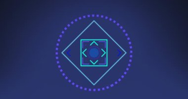 Mavi arkaplandaki işaretlerle birlikte tarama alanının animasyonu. Dijital arayüz, iletişim, hesaplama ve veri işleme kavramı dijital olarak oluşturuldu.