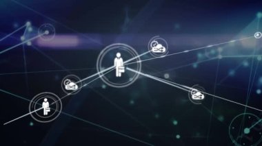 Karanlık arkaplandaki simgelerle bağlantı ağının animasyonu. Küresel bağlantılar, dijital arayüz, iletişim, bilgisayar ve veri işleme kavramı dijital olarak oluşturuldu.