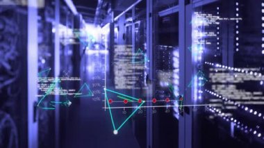 Bilgisayar sunucu odasına karşı istatistiksel veri işleme ve pleksus ağlarının animasyonu. Sosyal medya ağı ve iş veri depolama teknolojisi kavramı