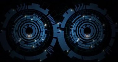 Veri işleme ve siyah arka planda dönen dişlilerin animasyonu. Dijital olarak oluşturulmuş küresel bilgisayar ve veri işleme kavramı.