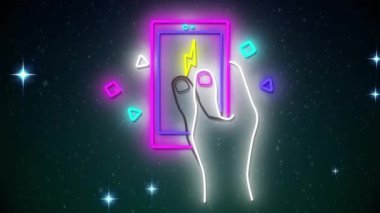 Siyah arka planda parlayan yıldızların üzerinde akıllı yüzgeçli neon ellerin animasyonu. Küresel video oyunu, dijital arayüz, iletişim, bilgisayar ve veri işleme kavramı dijital olarak oluşturuldu.