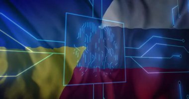 Rusya ve Ukrayna bayrağı üzerinde biyometrik parmak izi bilgisayar devre kartının animasyonu. Küresel hesaplama, dijital arayüz ve veri işleme kavramı dijital olarak oluşturulmuş video.