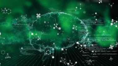 Karanlık arka planda insan beyni üzerinde veri işleme animasyonu. Küresel bilim, dijital arayüz, iletişim, bilgisayar ve veri işleme kavramı dijital olarak oluşturuldu.