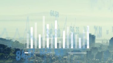 Şehir manzarasının havadan görüntüsüne karşı işlenen istatistiksel ve borsa verilerinin animasyonu. Küresel ekonomi ve iş veri teknolojisi kavramı