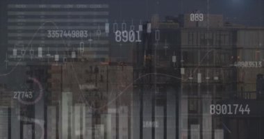 Değişen numaraların animasyonu ve yüksek binaların havadan görüntüsüne karşı istatistiksel veri işleme. Bilgisayar arayüzü ve iş veri teknolojisi kavramı