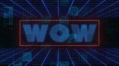 Meta arkaplan üzerinde wow metnin animasyonu. Küresel video oyunu, dijital arayüz, iletişim, bilgisayar ve veri işleme kavramı dijital olarak oluşturuldu.