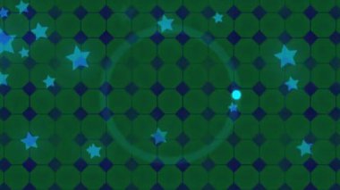 Yıldızlar ve kaleydoskopik mavi arkaplan üzerinde beyaz dairelerin animasyonu. Renk, şekil ve şablon kavramı dijital olarak oluşturulmuş video.