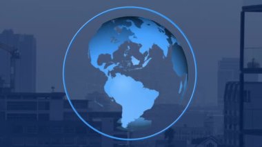 Kırmızı parçacık ağının dünya ve şehir üzerindeki animasyonu. Dijital olarak oluşturulmuş küresel bağlantılar, hesaplama ve veri işleme kavramı.