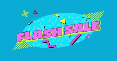 Mavi arkaplandaki eski canlı şablonun üzerinde flash satış metninin canlandırması. Satışlar, perakende, alışveriş, dijital arayüz, iletişim, bilgisayar ve veri işleme kavramı dijital olarak oluşturuldu.