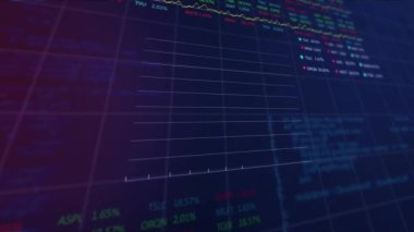 Mor gradyan arkaplana karşı istatistiksel ve borsa veri işleme animasyonu. Küresel ekonomi ve iş veri teknolojisi kavramı