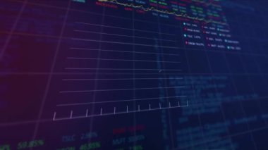 Mor gradyan arkaplana karşı istatistiksel ve borsa veri işleme animasyonu. Küresel ekonomi ve iş veri teknolojisi kavramı