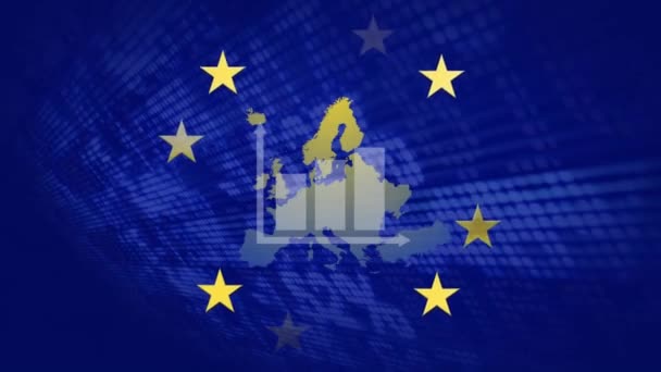 ヨーロッパ連合の旗をめぐる金融データ処理のアニメーション ヨーロッパのビジネス コンピューティング データ処理のコンセプトをデジタル生成したビデオ — ストック動画