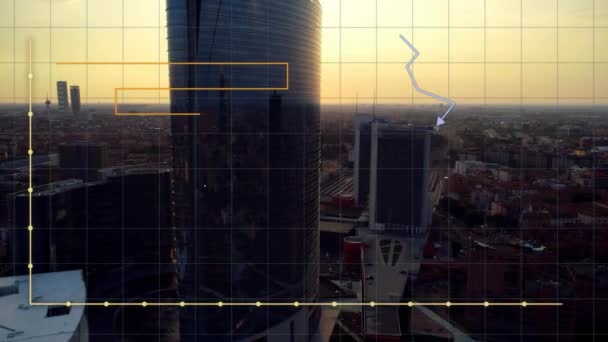 Animation Statistical Data Processsing Aerial View Cityscape Sunset Sky Computer — Stock Video