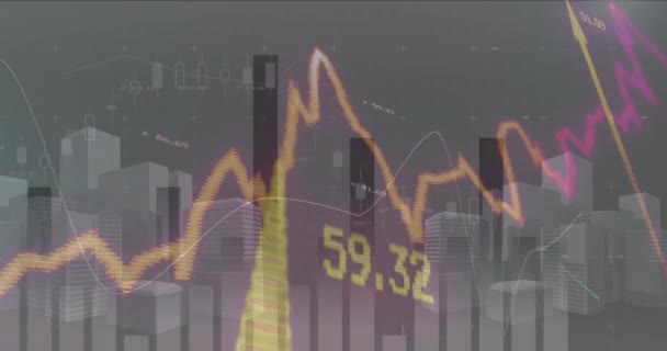 Animação Processamento Dados Estatísticos Sobre Modelo Cidade Contra Fundo Cinza — Vídeo de Stock