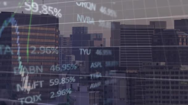 Анимация Обработки Данных Финансового Фондового Рынков Воздушным Видом Городской Ландшафт — стоковое видео
