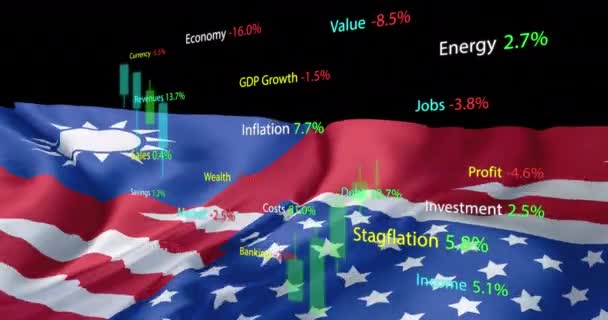 Κινούμενο Σχέδιο Επεξεργασίας Οικονομικών Δεδομένων Πάνω Από Σημαίες Του Ταιβάν — Αρχείο Βίντεο