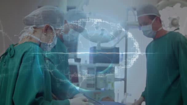 演劇で多様な外科医を介した人間の脳とデータのアニメーション グローバル医学 コンピューティング データ処理コンセプトデジタル生成ビデオ — ストック動画