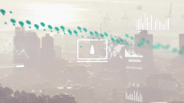 Animering Statistisk Databehandling Och Digitala Ikoner Mot Bakgrund Stadsbilden Datorgränssnitt — Stockvideo