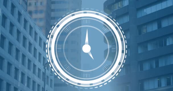 Animacja Ikony Tykającego Zegara Tle Wysokich Budynków Interfejs Komputerowy Koncepcja — Wideo stockowe