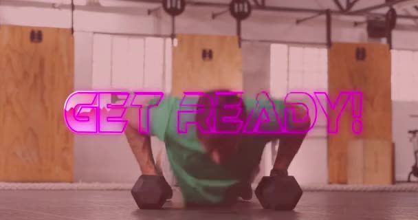 Animation Get Ready Text Neon Lines Caucasian Man Exercising Weights — Stock Video