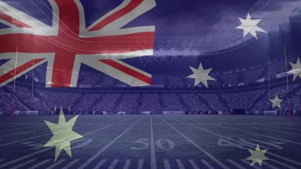 挥动澳大利亚国旗的动画 与体育场的景观相抗衡 爱国主义和体育竞赛概念 — 图库视频影像