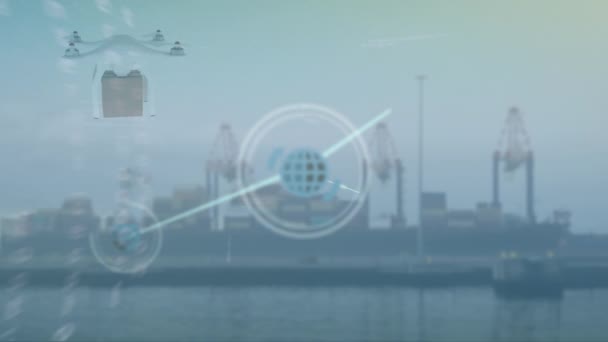 Animation Network Connections Icons Delivery Drone Cityscape Global Shipping Connections — Stock Video