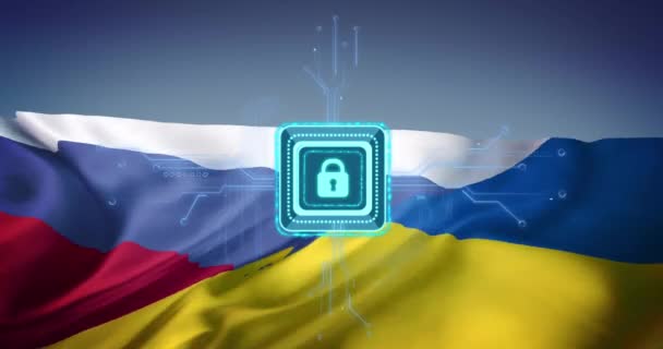 Animatie Van Hangslot Gegevensverwerking Boven Vlag Van Rusland Oekraïne Mondiaal — Stockvideo