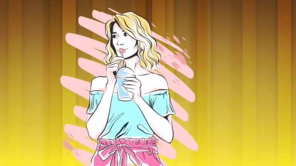 Animación Mujer Bebiendo Sobre Fondo Rosa Sobre Fondo Amarillo Comida — Vídeos de Stock