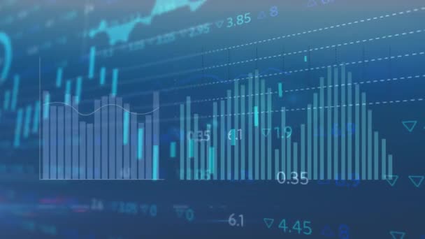 Animación Del Procesamiento Datos Estadísticos Bursátiles Sobre Fondo Azul Concepto — Vídeos de Stock