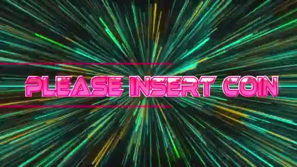 Animation Please Insert Coin Text Neon Lines Light Trails Background — Stock videók