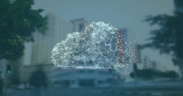 Анімація Мережі Єднань Утворюють Хмару Піктограму Блокування Безпеки Проти Міського — стокове відео