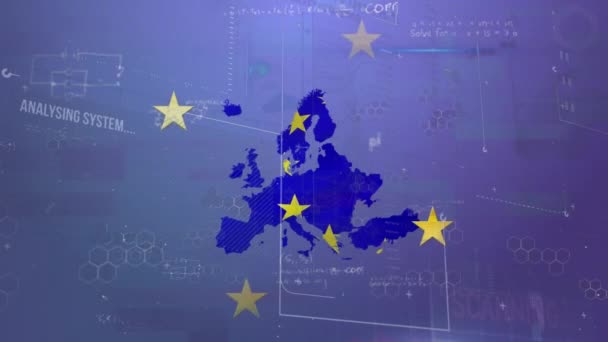 ヨーロッパ連合の旗をめぐる金融データ処理のアニメーション ヨーロッパのビジネス コンピューティング データ処理のコンセプトをデジタル生成したビデオ — ストック動画