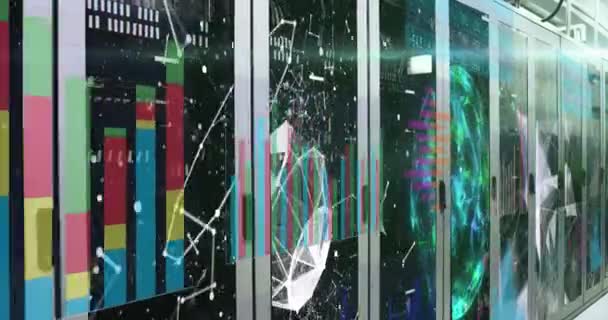 Animation Der Statistischen Datenverarbeitung Und Plexusnetzwerke Gegen Computerserverraum Globale Vernetzung — Stockvideo
