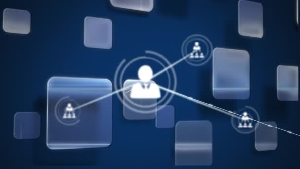 Анимация сети иконок профилей и нескольких квадратных фигур на синем фоне. Концепция глобальных сетей и бизнес-технологий